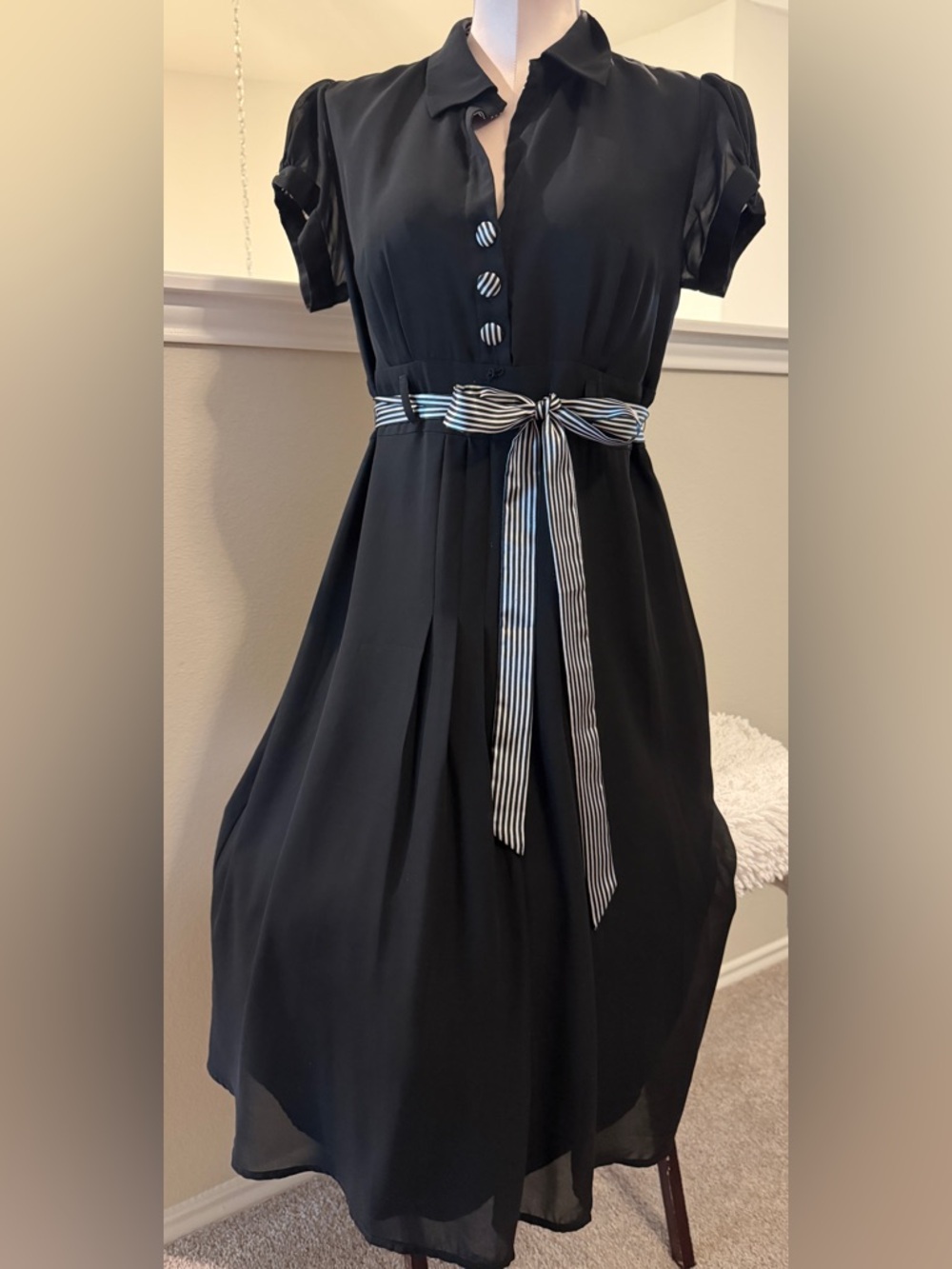 Robbie Bee Black Midi Dress with Striped Tie